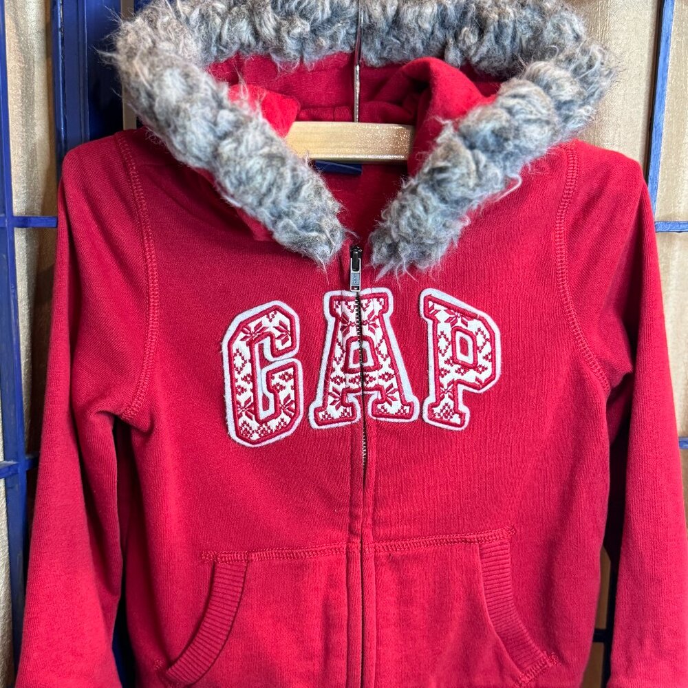 babyGap Red Faux Fur Hood Zip Hoodie 3T Winter Logo Jacket